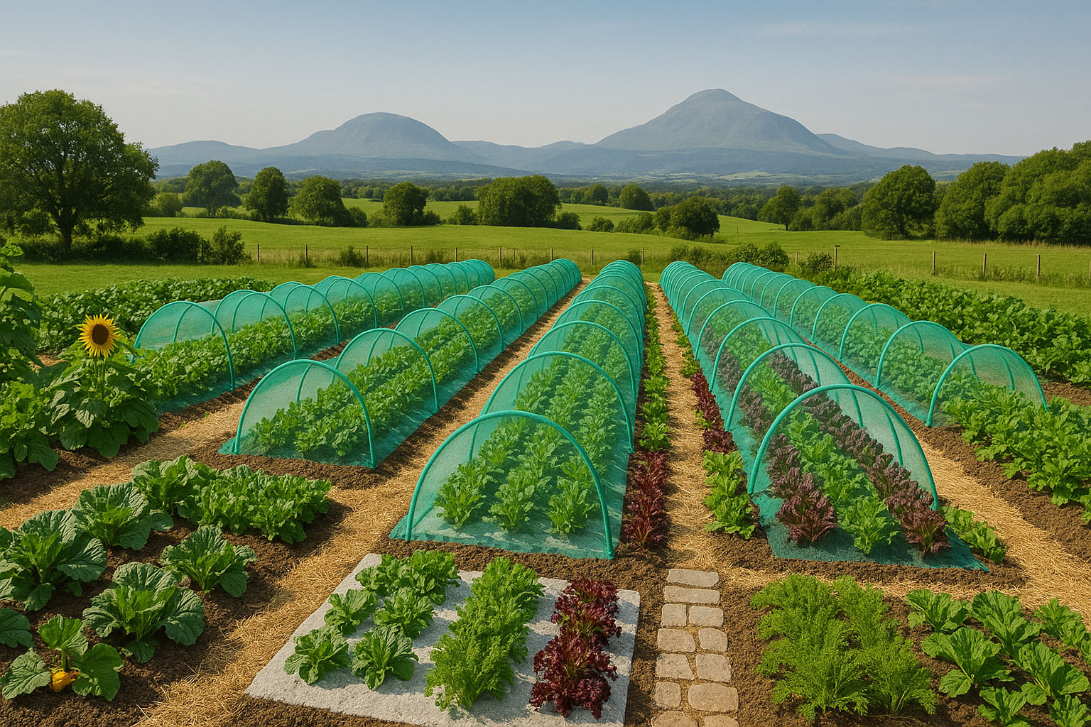 moestuin met netten tunnels om de gewassen om ze te beschermen