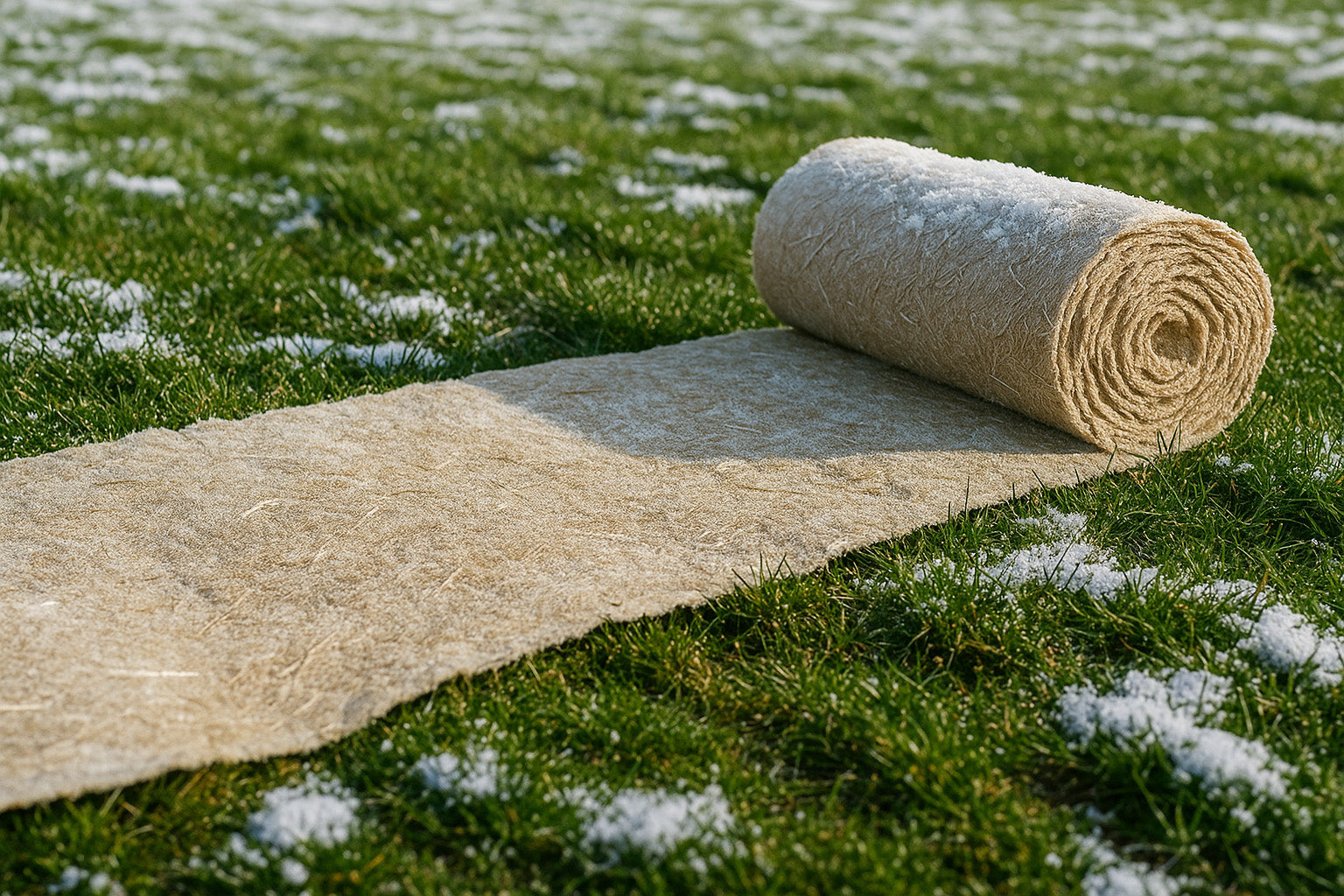 hennep mulchdoek op rol op het gras 
