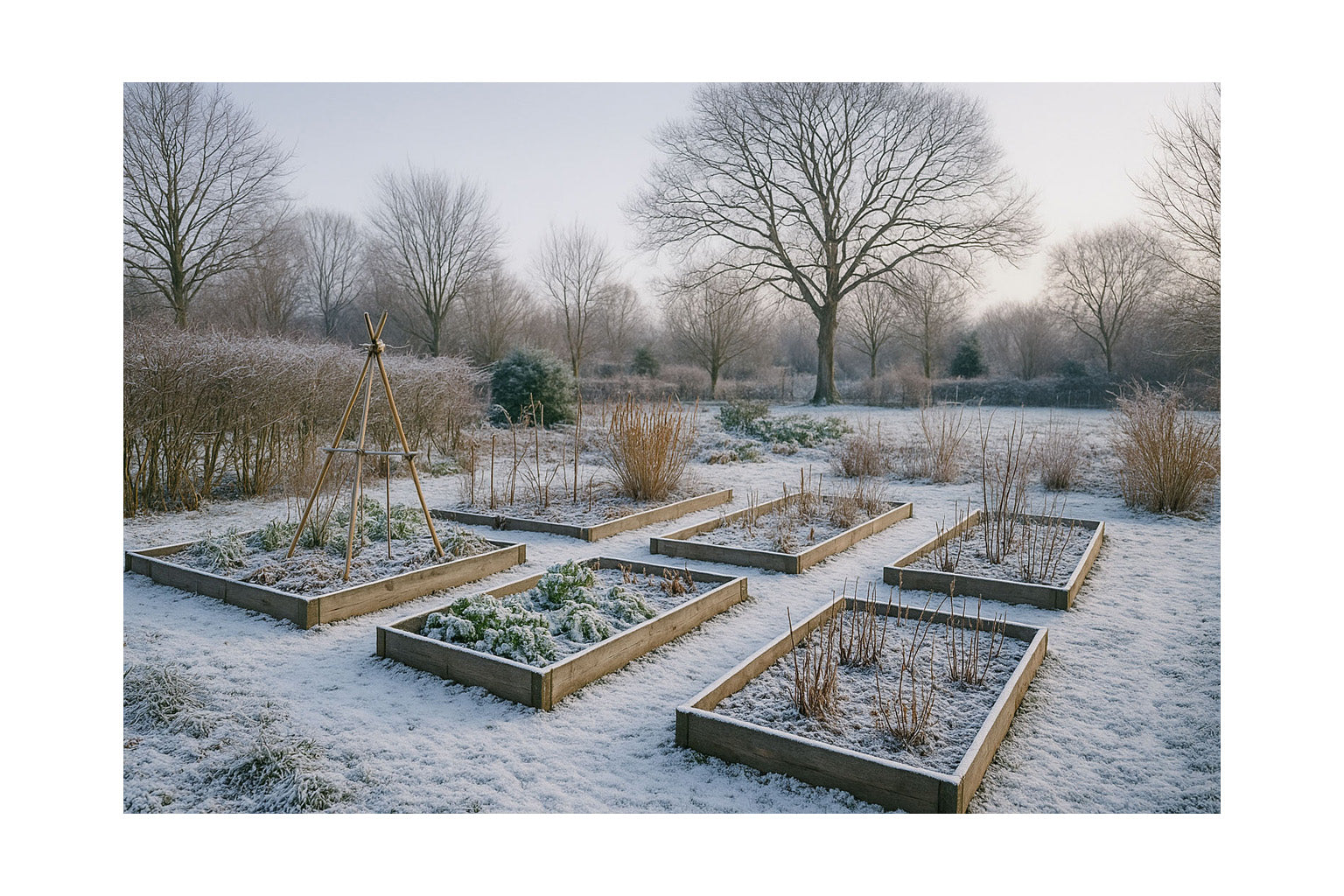moestuin in wintertijd. sneeuw in tuin. winter weer