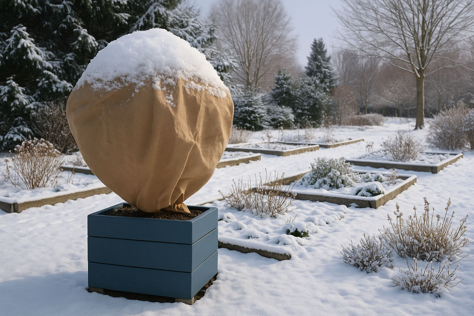 ondergesneeuwde tuin met een plantenbak met een winterhoes om de plant heen